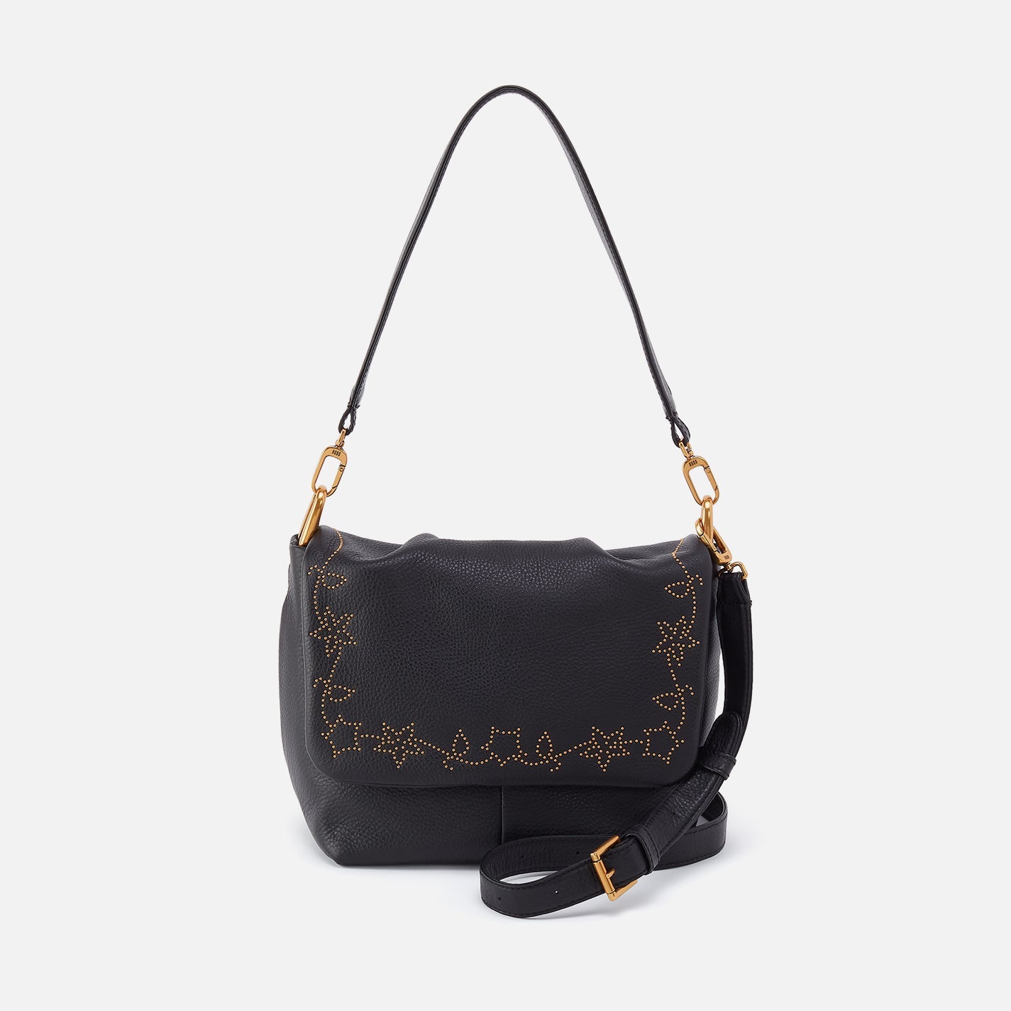 Harley Convertible Shoulder Bag in Pebbled Leather – Black With Studs