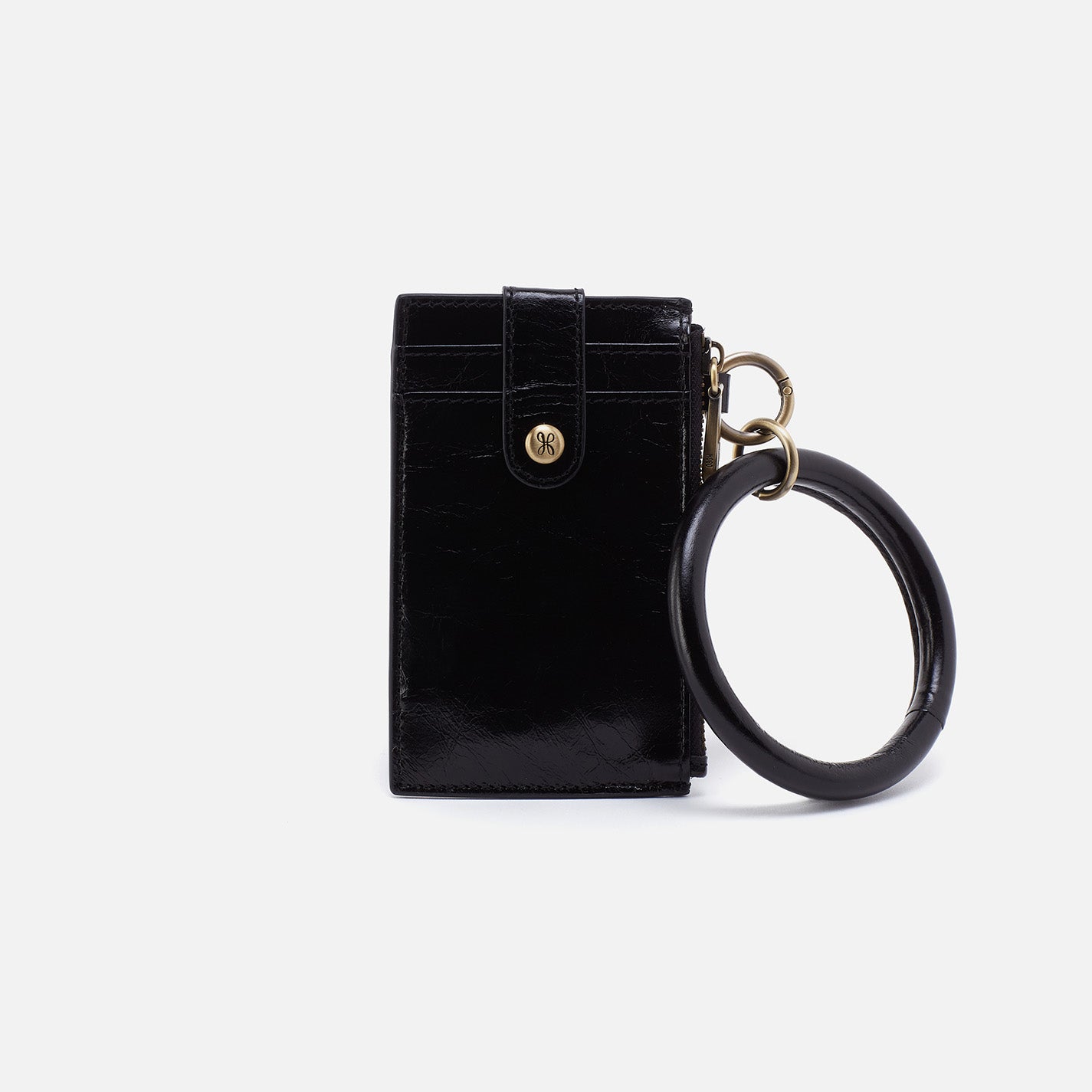 Ring Credit Card Wristlet in Polished Leather – Black