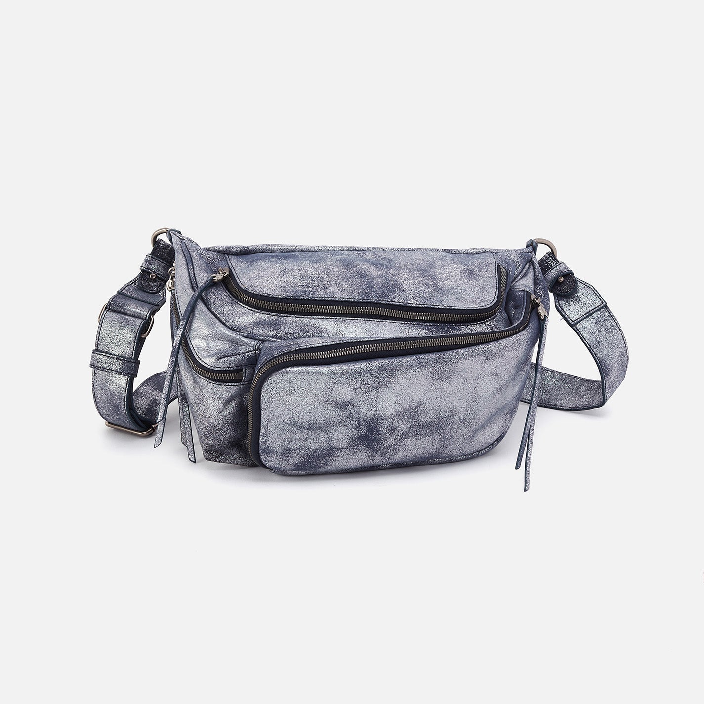 Via Belt Bag Sling In Metallic Leather – Blue Pewter