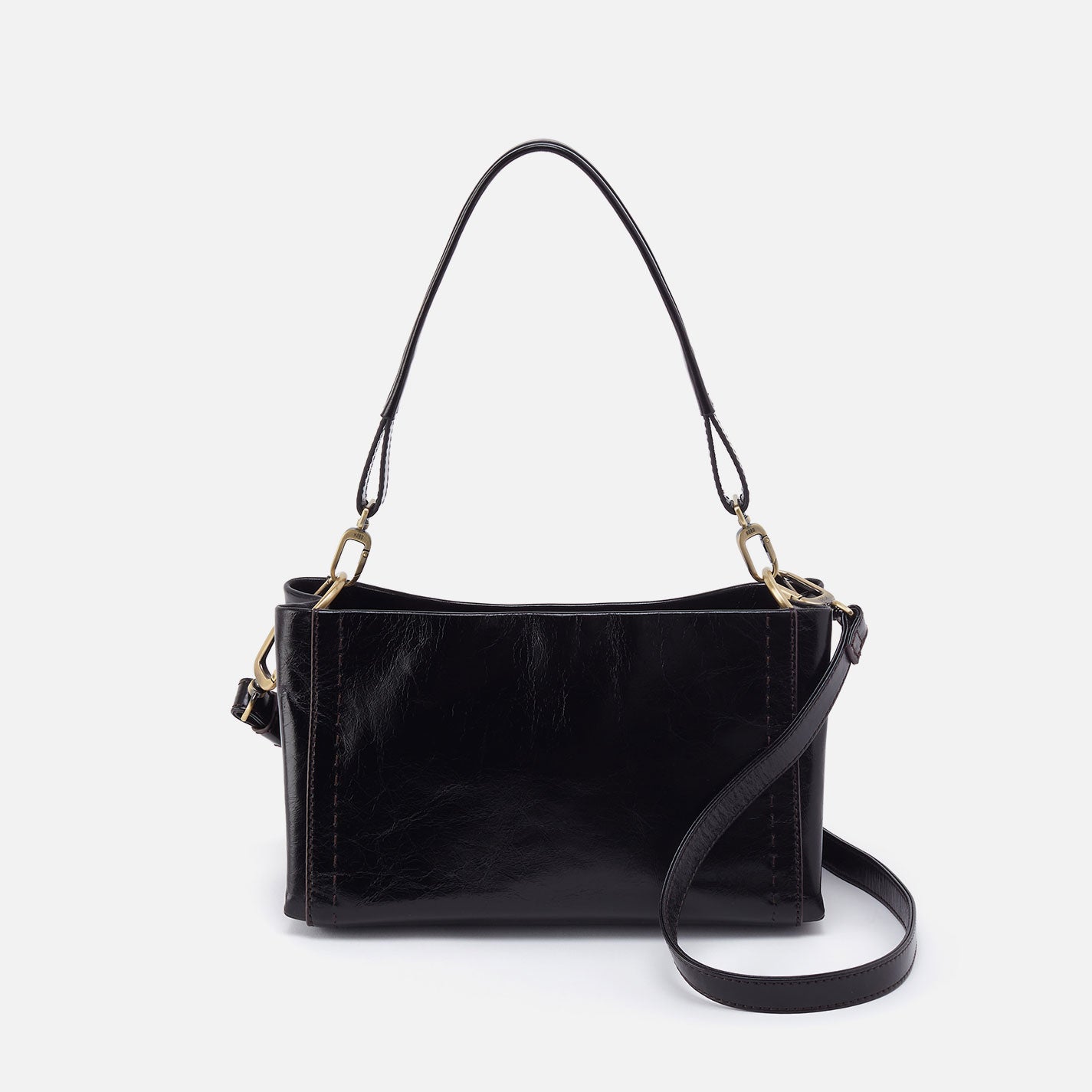 Seneca Shoulder Crossbody in Polished Leather – Black
