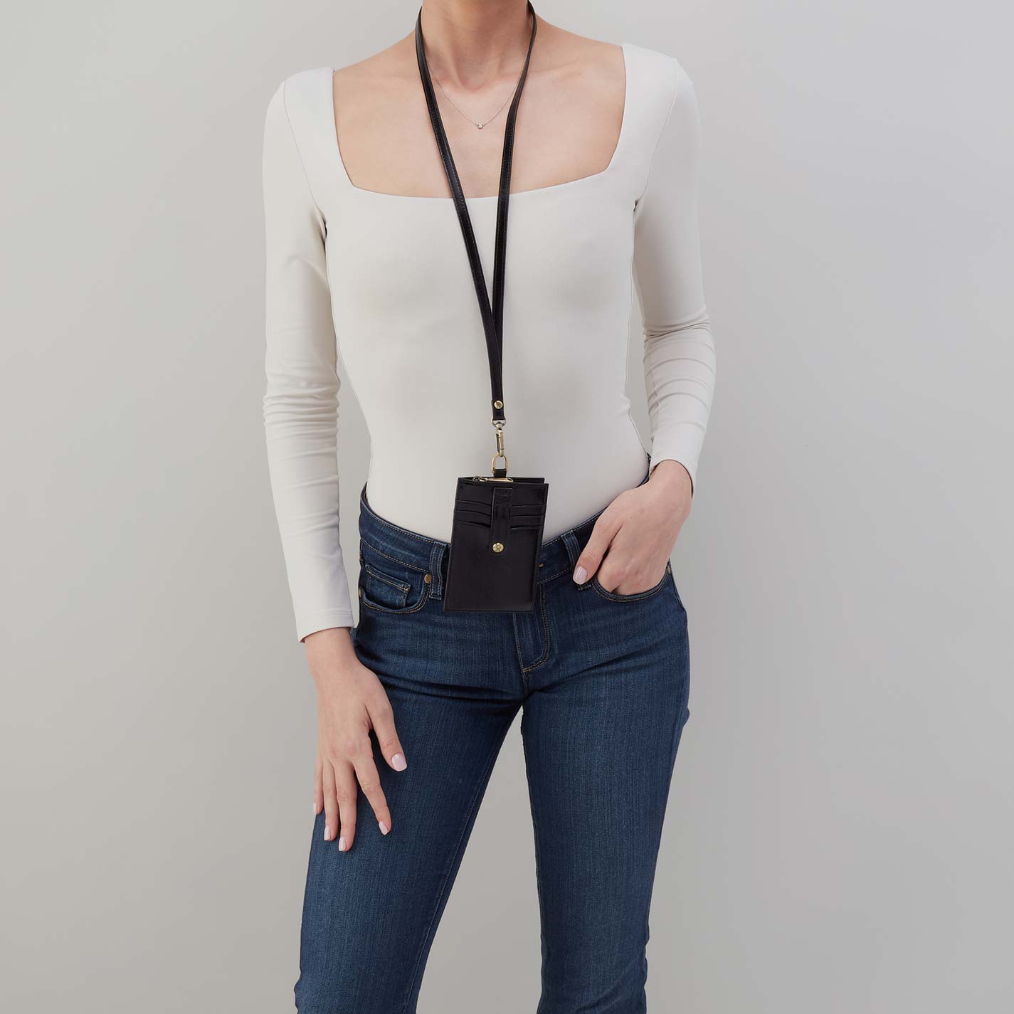 Around Town Lanyard in Polished Leather – Black - HOBO
