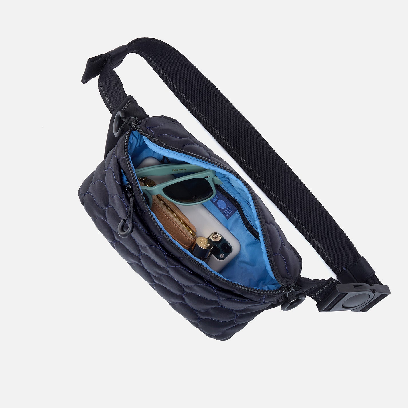 BE HOLD Quilted Belt Bag in CaRefiber recycled nylon – Jet with Ocean Quilt - HOBO