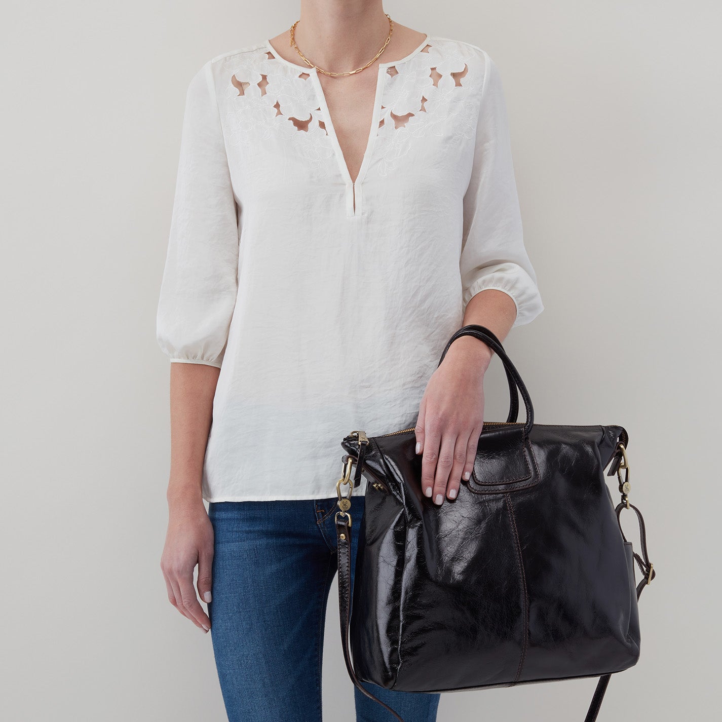 Sheila Large Satchel in Polished Leather – Black - HOBO