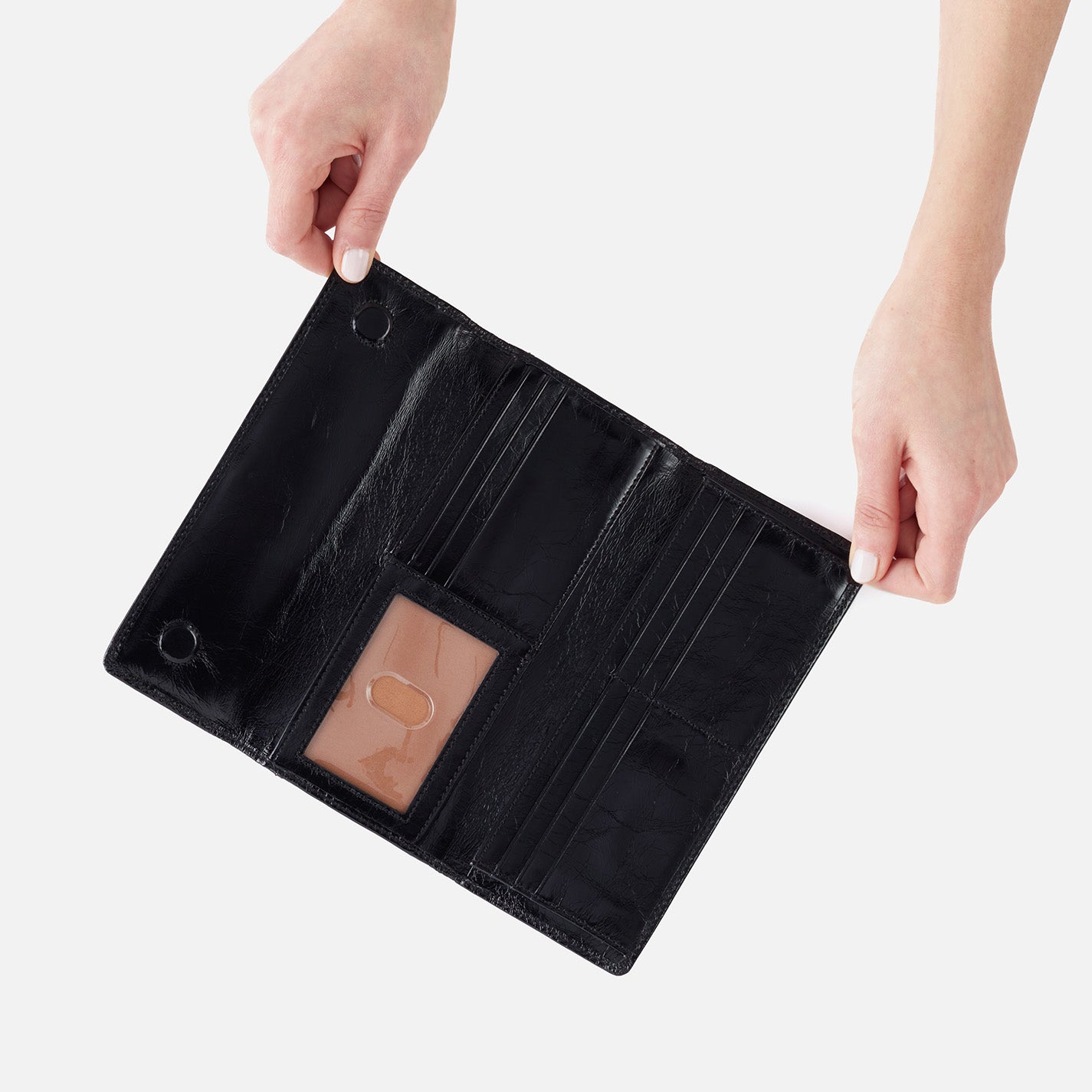 Jill Large Trifold Wallet In Polished Leather – Black - HOBO