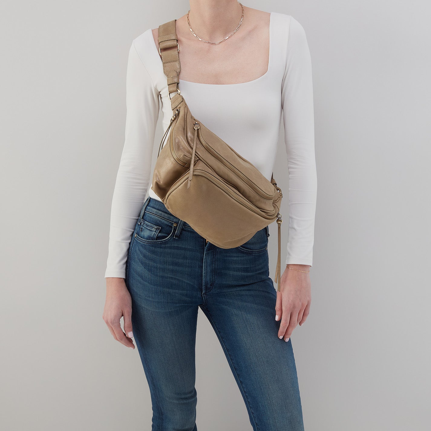 Via Belt Bag Sling In Metallic Leather – Burnished Sage - HOBO