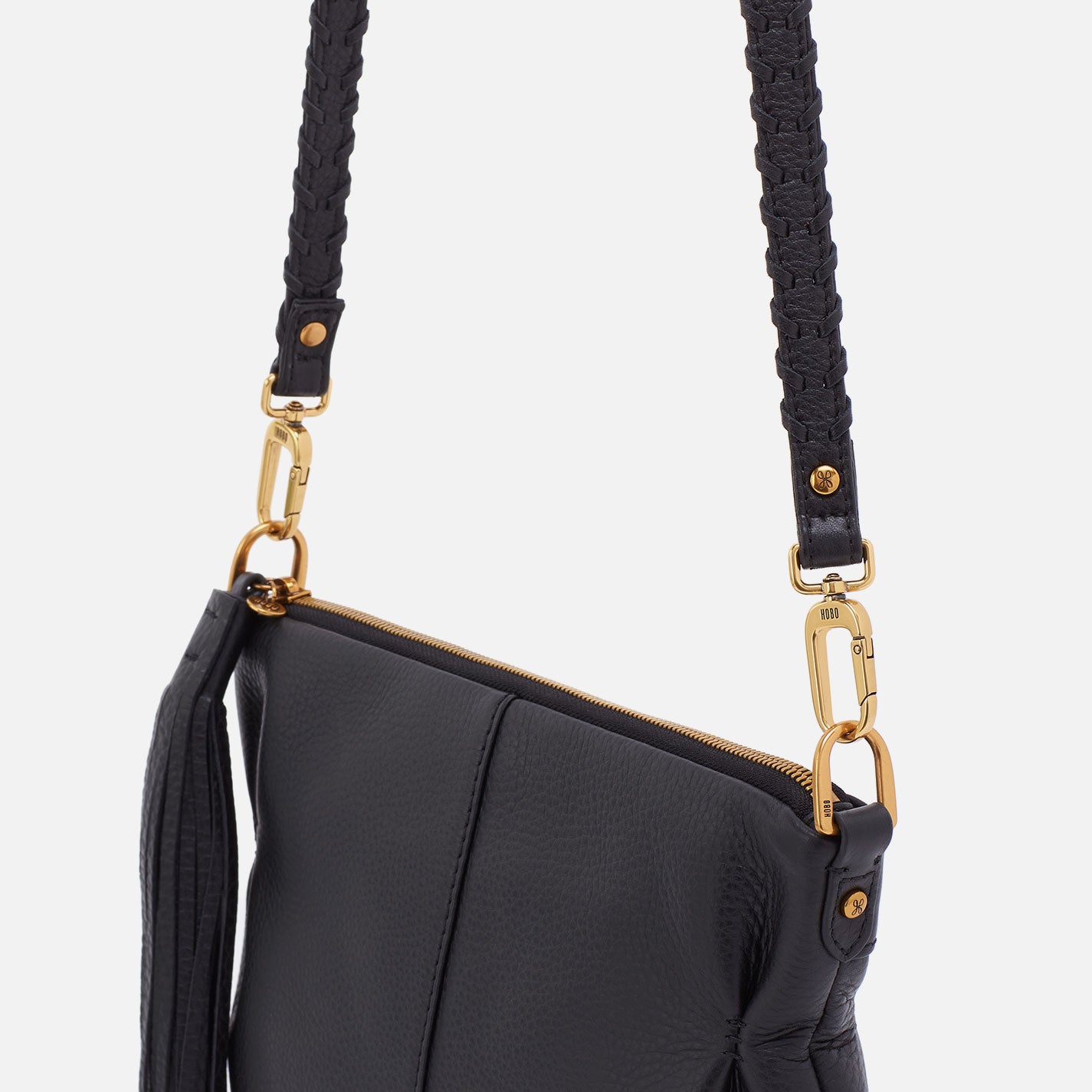 Thin Braided Strap in Pebbled Leather – Black - HOBO