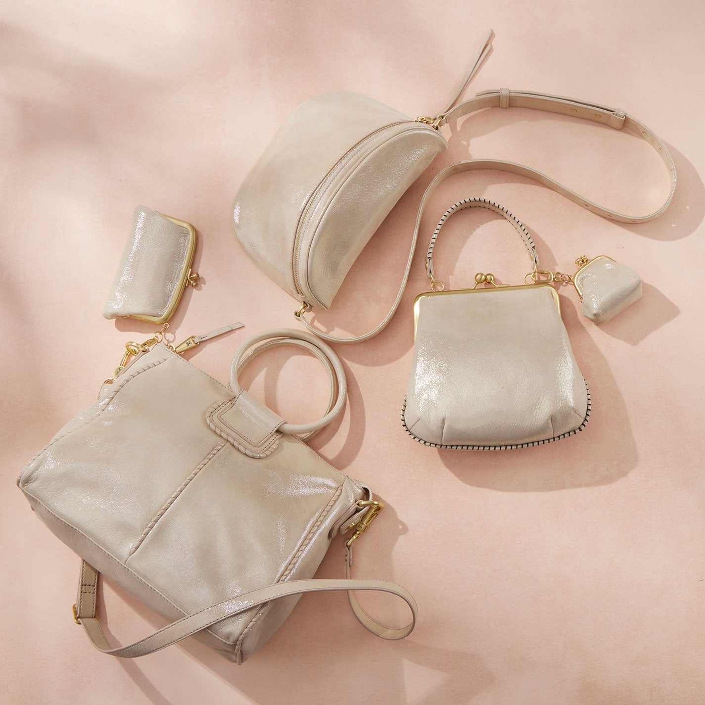 Sheila Medium Satchel In Metallic Leather – Sand Shimmer - HOBO