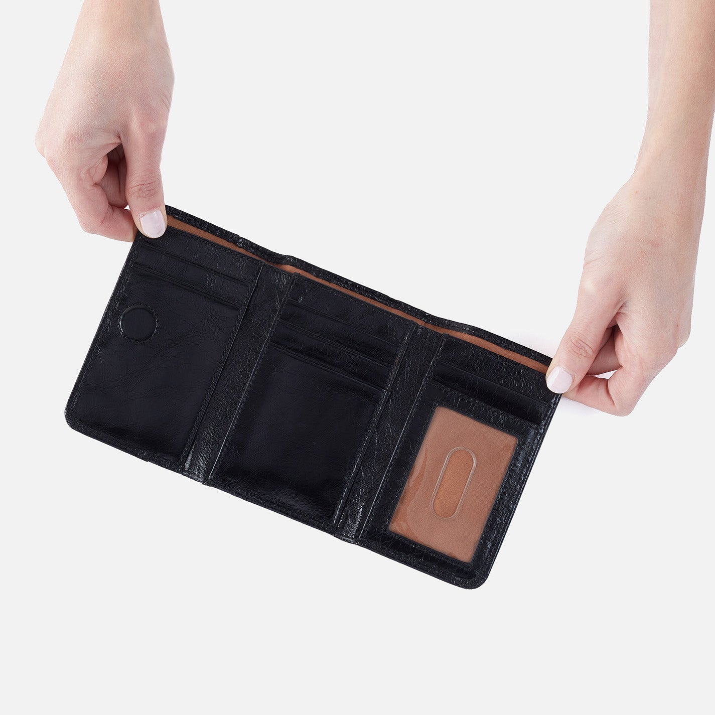 Jill Trifold Wallet in Polished Leather – Black - HOBO