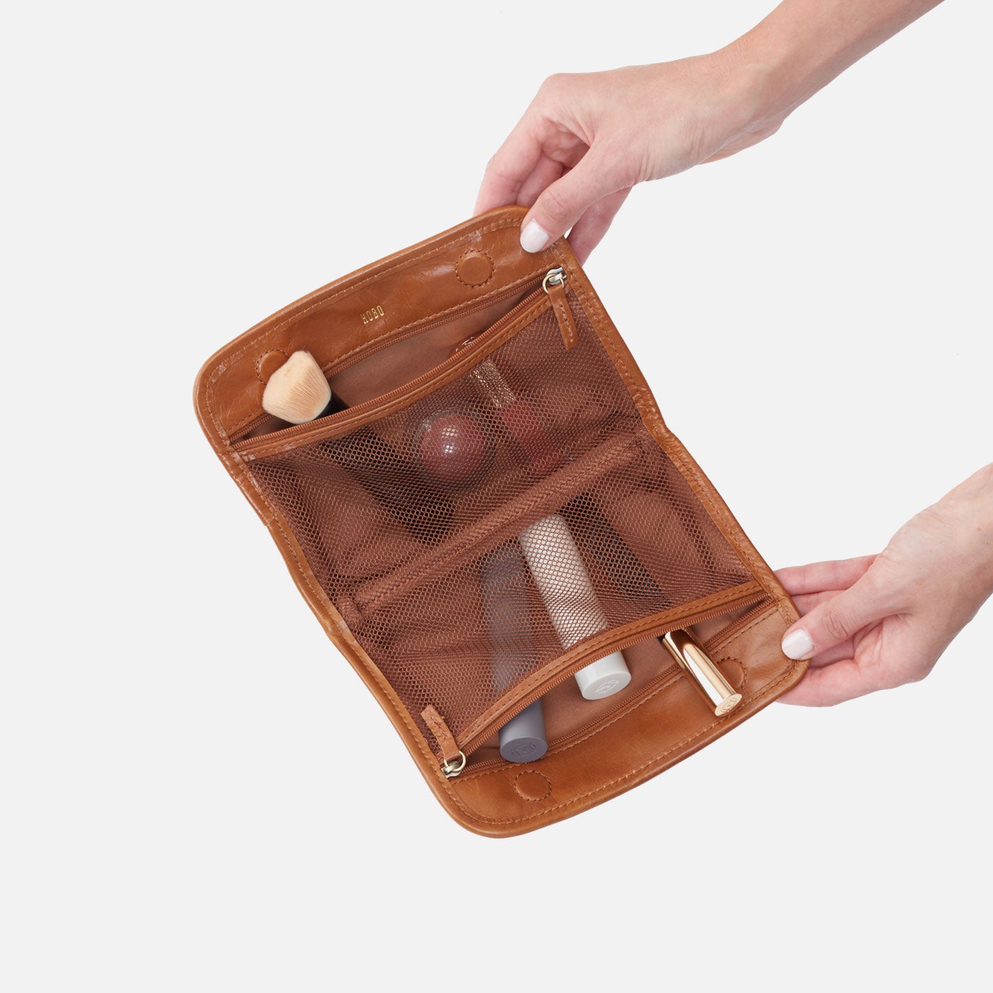 Beauty Cosmetic Pouch in Polished Leather – Truffle - HOBO