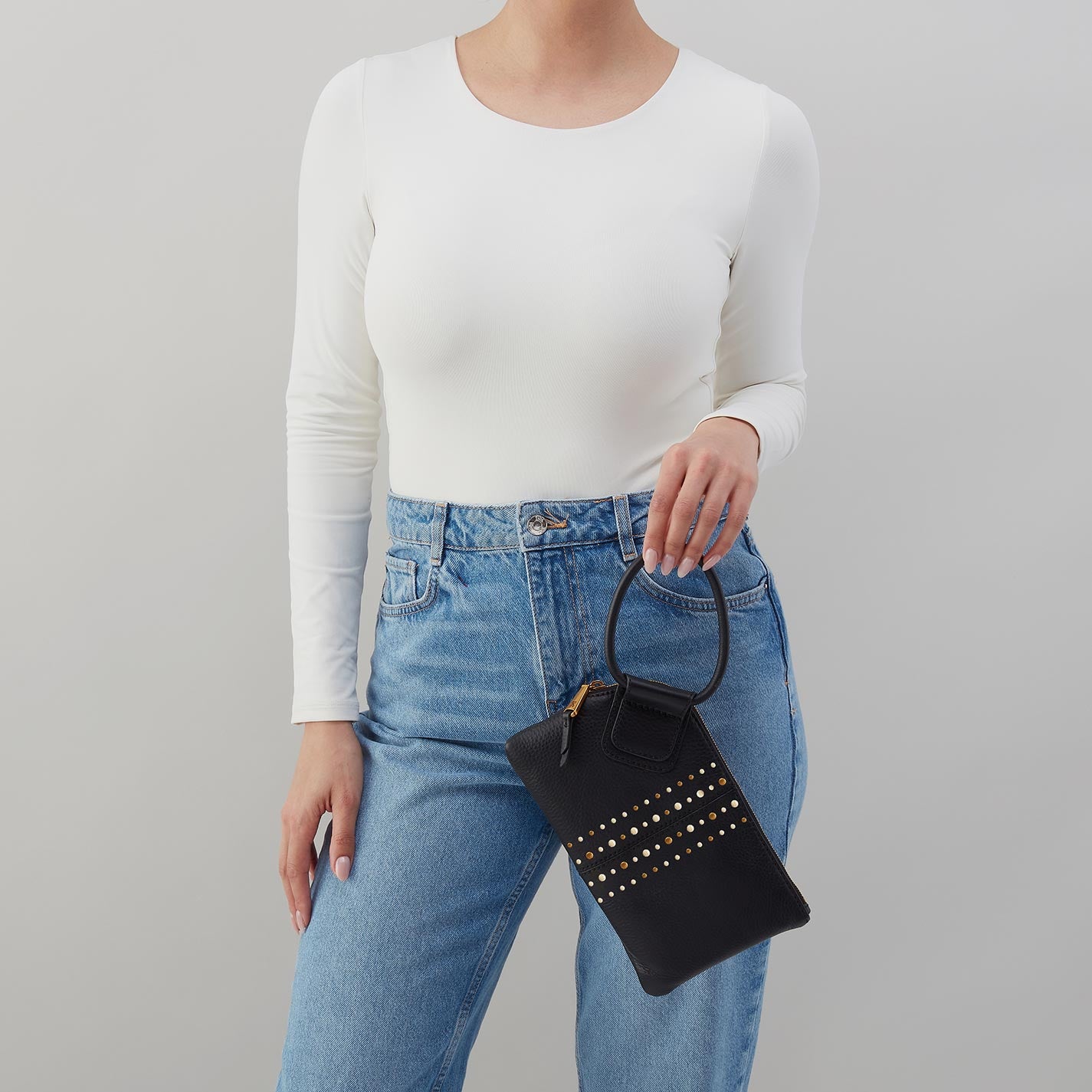 Sable Wristlet in Pebbled Leather – Black With Studs - HOBO