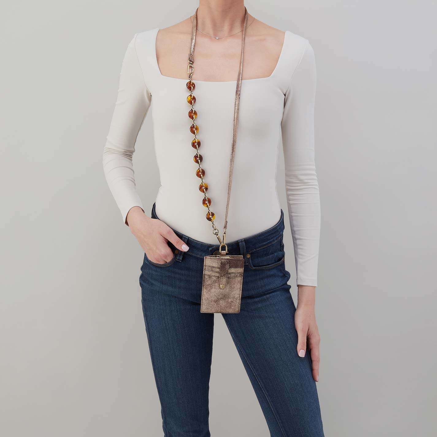 Around Town Lanyard in Metallic Leather – Cocoa Platinum - HOBO